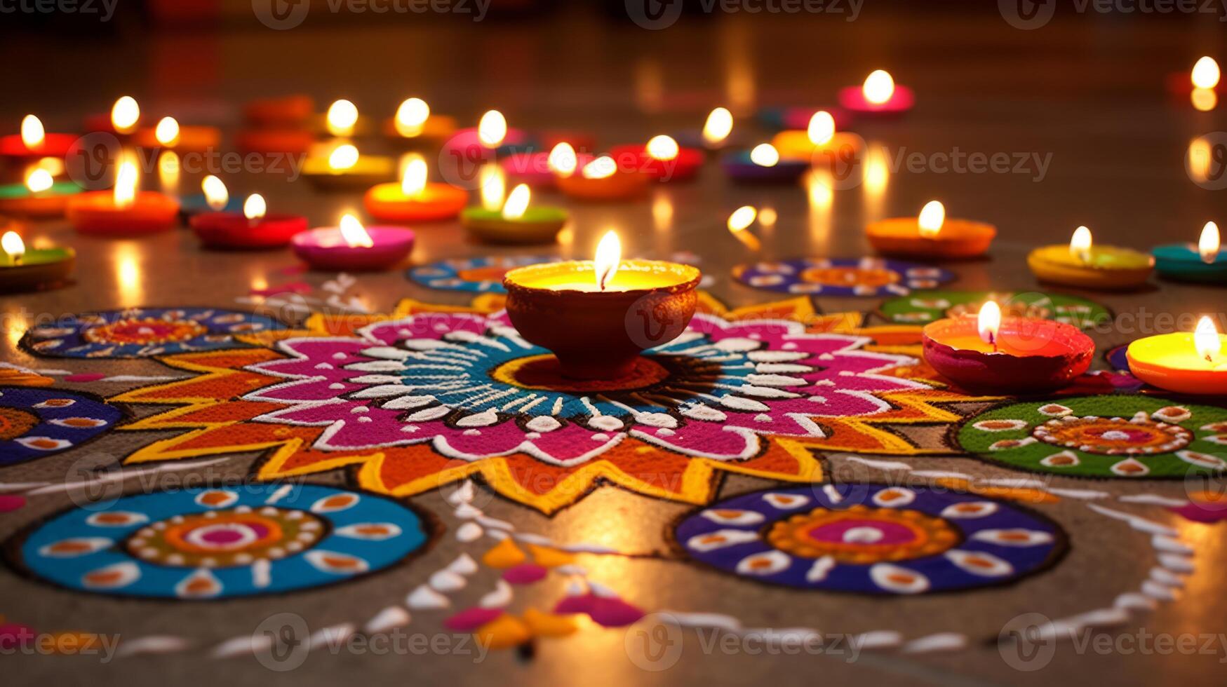 AI generated Diwali decorations with colorful and intricate rangoli designs photo