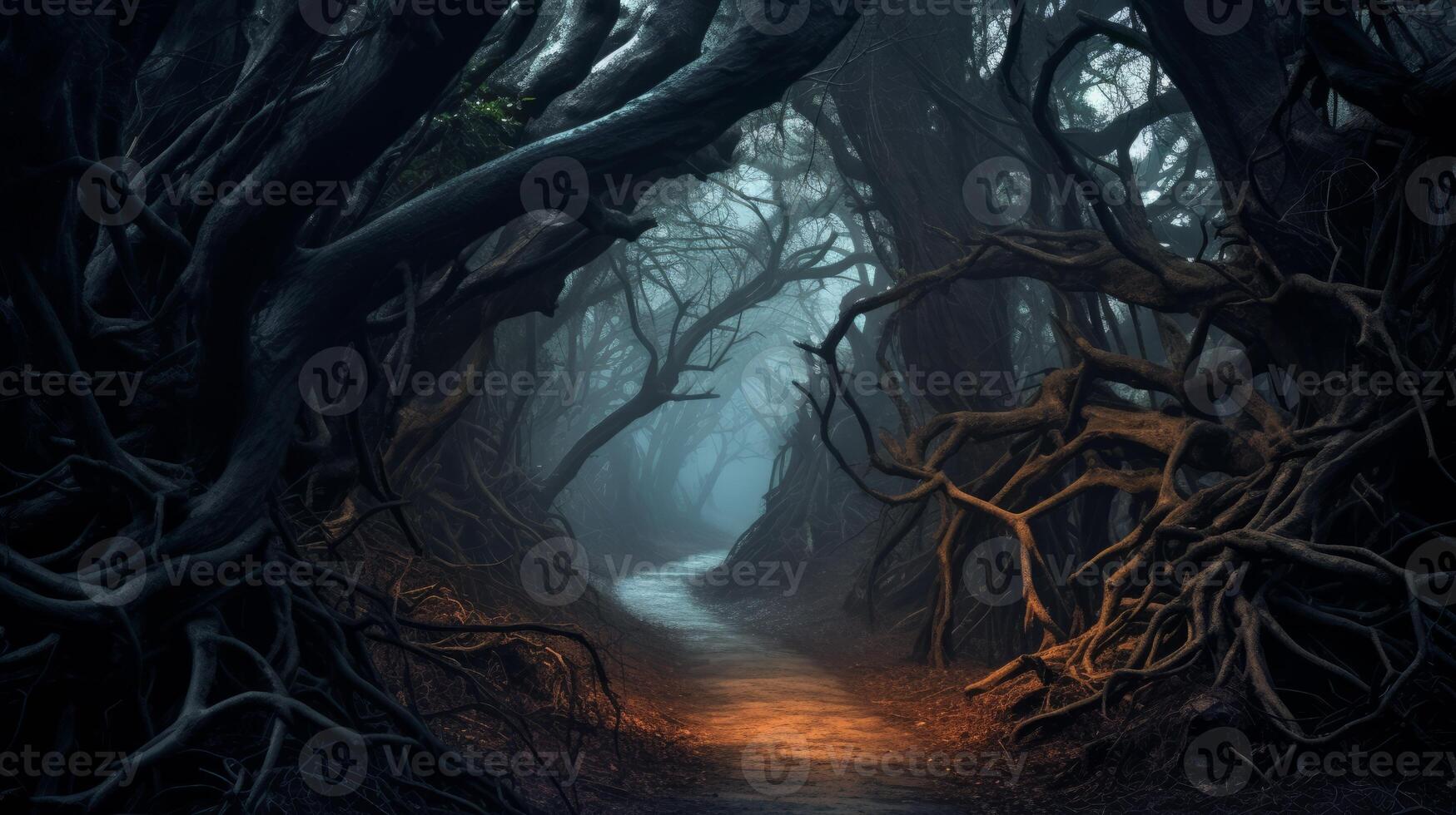 AI generated A haunted forest path with twisted trees photo