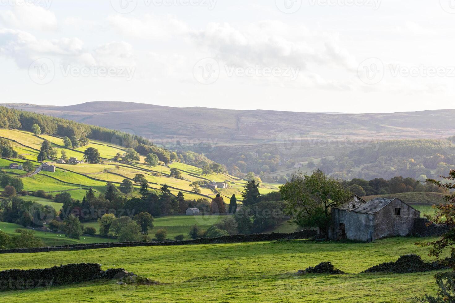 Idyllic countryside landscape with rolling hills, green fields, and a farmhouse under a soft, sunlit sky in Yorkshire Dales. photo
