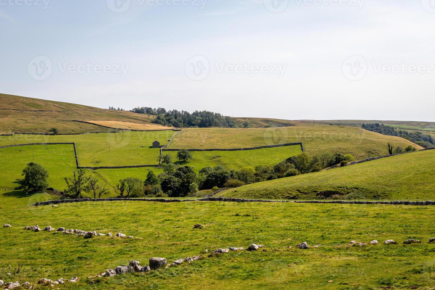 Idyllic countryside landscape with green fields, stone walls, and rolling hills under a clear sky. photo