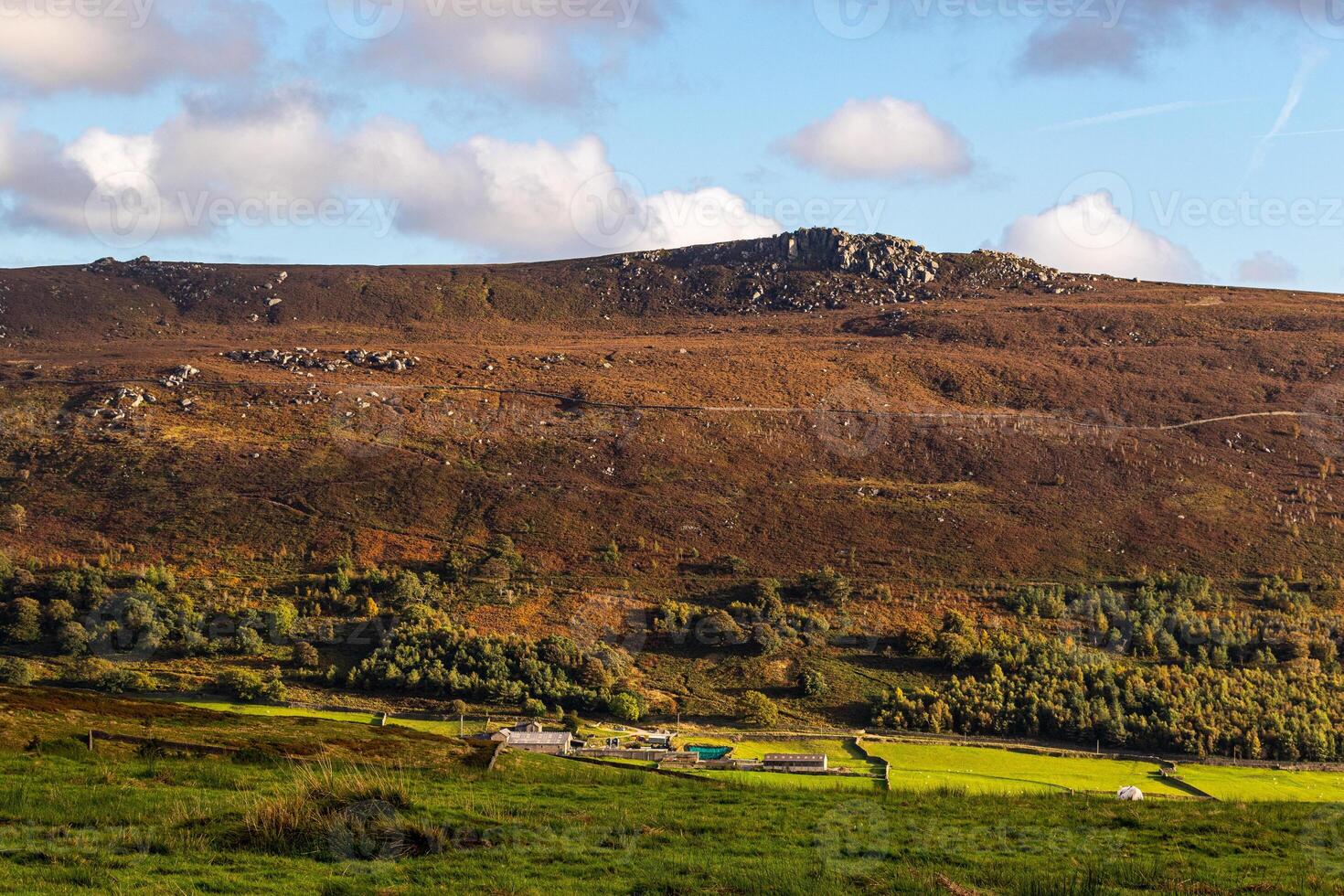 escénico ver de un lozano verde Valle con laminación colinas debajo un claro azul cielo en Yorkshire valles. foto