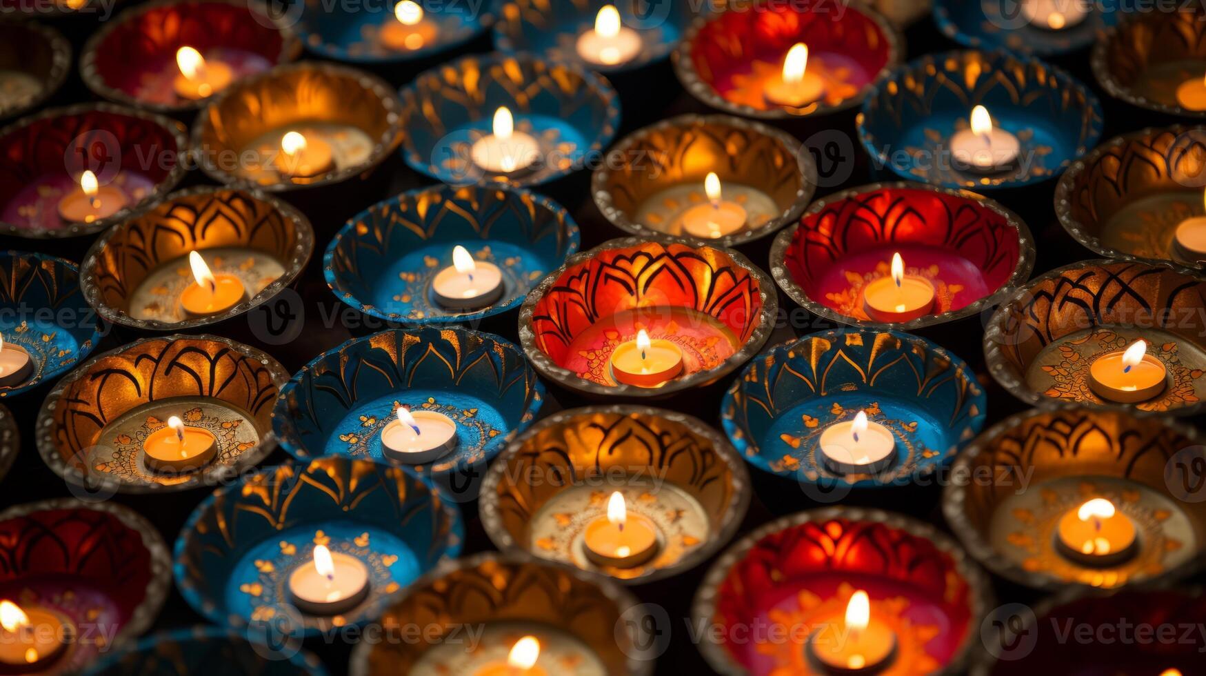 AI generated Diwali lamps arranged in a decorative pattern photo