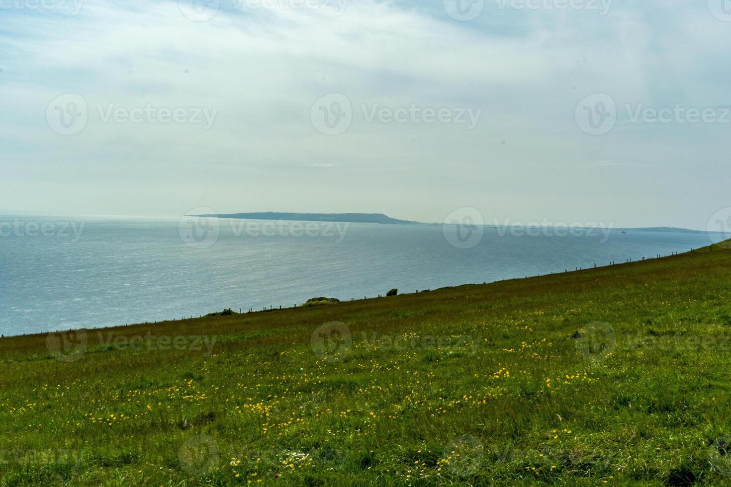 Tranquil coastal landscape with lush green grass and calm blue sea under a hazy sky. photo
