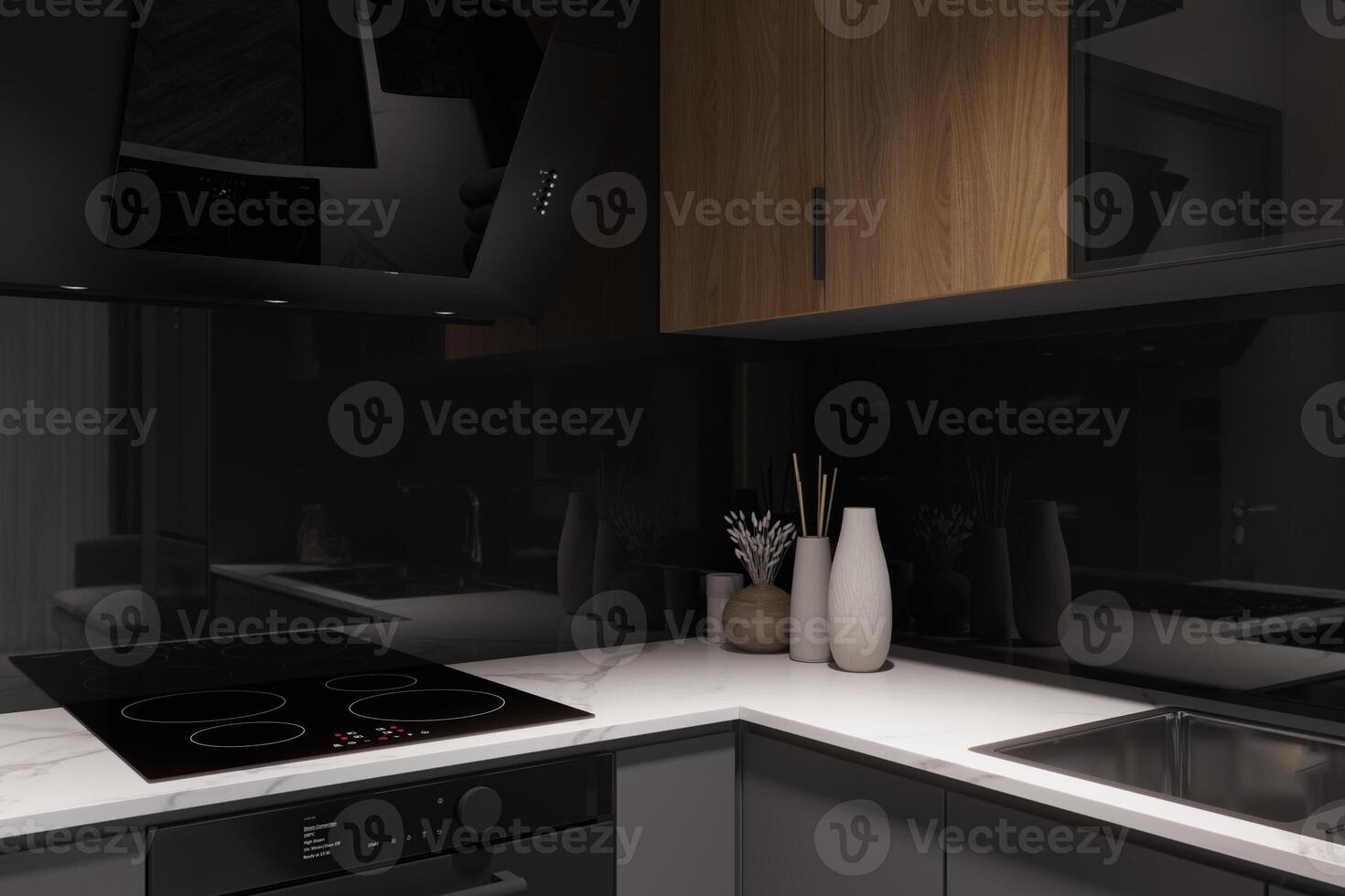 ordenado cocina con pulcro negro accesorios, blanco encimeras foto