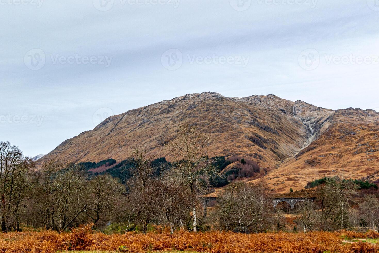 Autumnal landscape with rolling hills and a rustic mountain backdrop under a cloudy sky. photo