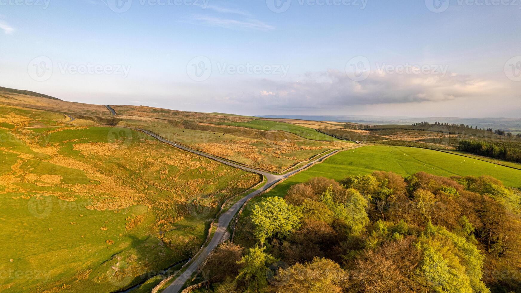 Aerial view of a winding road through lush green countryside with hills under a clear sky. photo