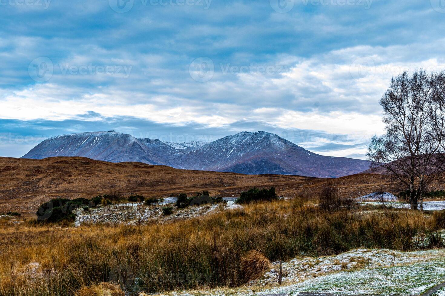 Serene landscape with frost-covered grass, a tranquil lake, and distant snow-capped mountains under a cloudy sky. photo