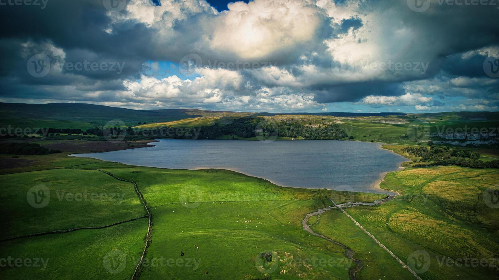 Aerial view of the lake in Yorkshire Dales photo
