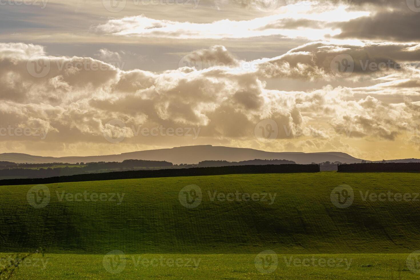 Rolling green hills with shadows under a cloudy sky at sunset. photo