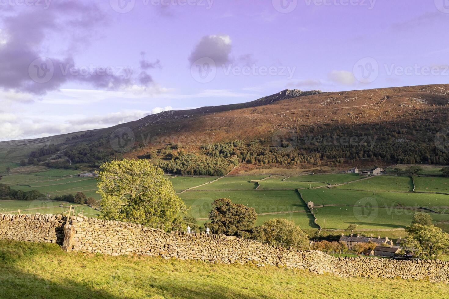 Scenic landscape photo in Yorkshire Dales with hills and ancient wall