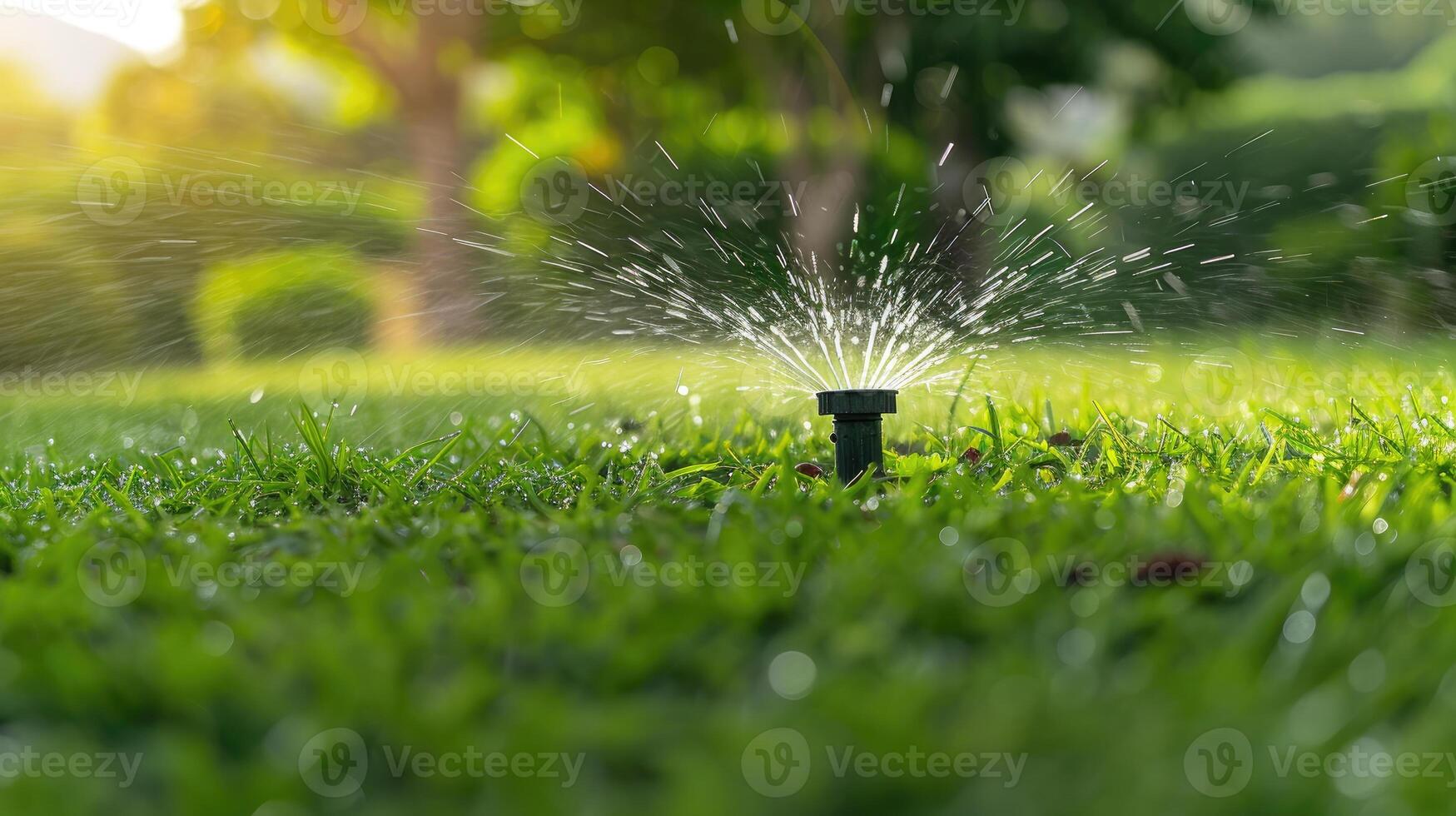 AI generated Automated lawn sprinkler efficiently waters lush green grass for a vibrant landscape. Ai Generated photo