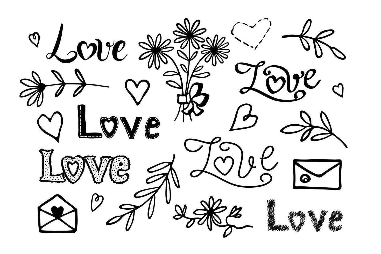 garabatear letras amor conjunto con corazones y resumen flores vector