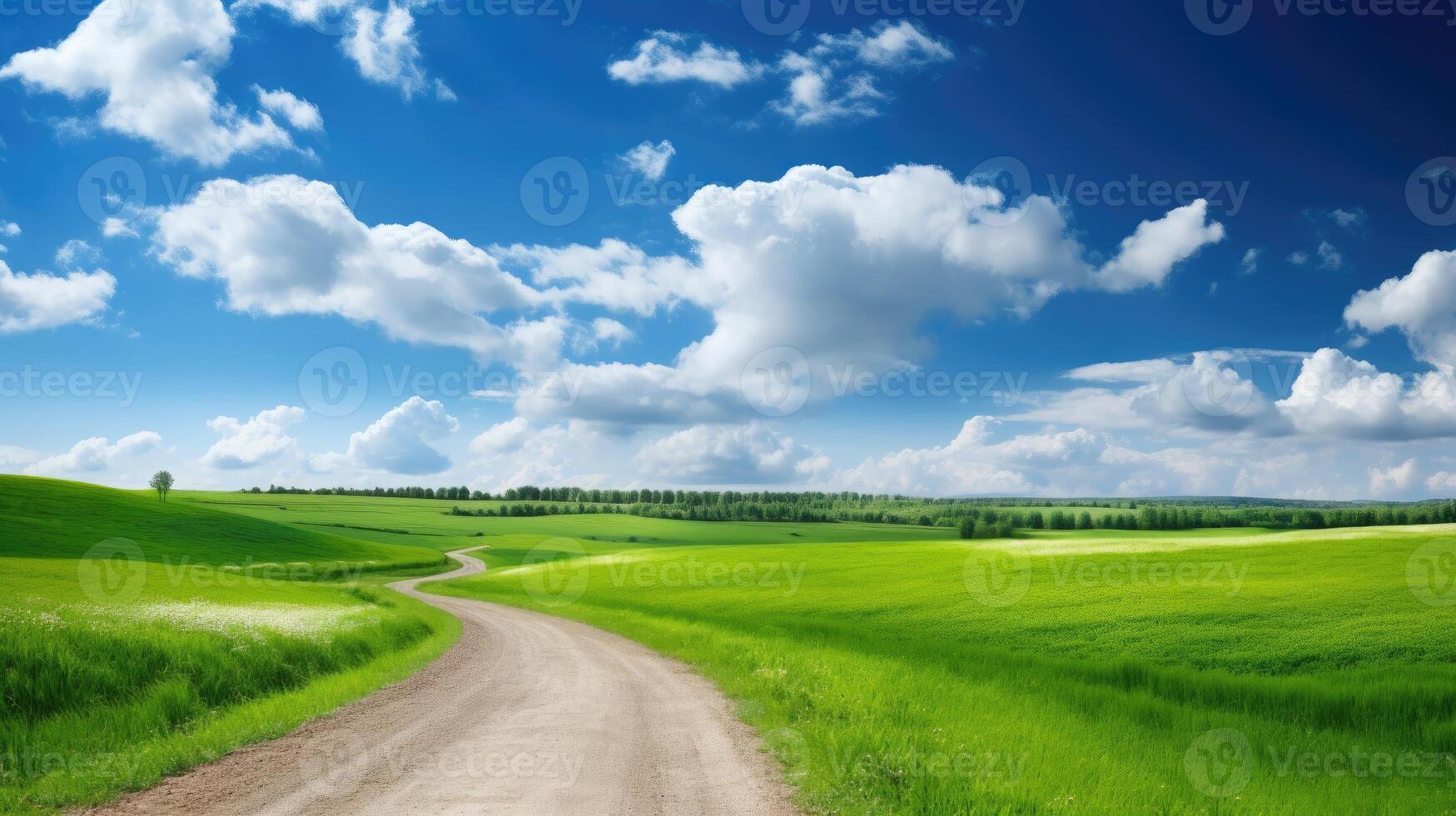 AI generated A beautiful landscape unfolds with a road winding through fields under a blue sky adorned with fluffy clouds. Ai Generated. photo