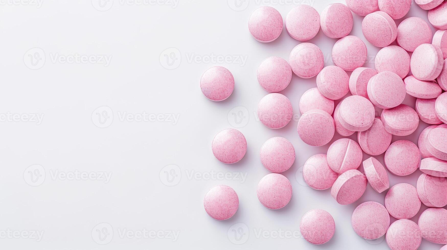 ai generado rosado tableta pastillas pulcramente arreglado en un blanco fondo, simbolizando médico cuidado y bienestar, ai generado. foto