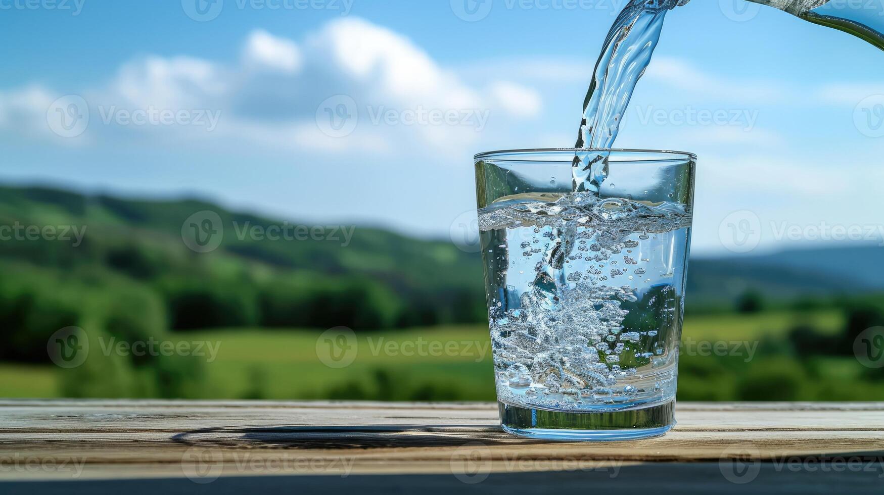 AI generated pouring water into glass on table, green landscape, blue sky. Ai Generated. photo