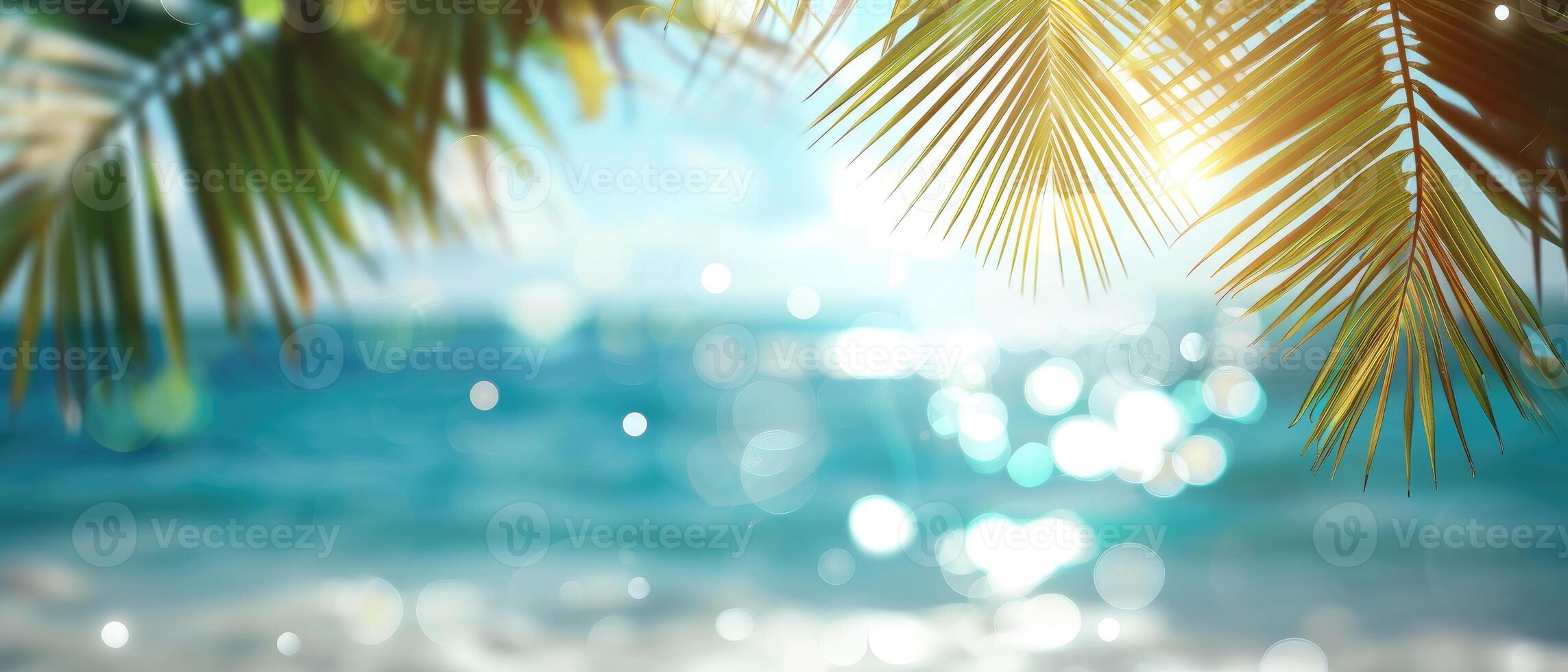 ai generado sereno mar fondo con iluminado por el sol Bokeh, palma hojas crear un soñador costero seducir, ai generado. foto