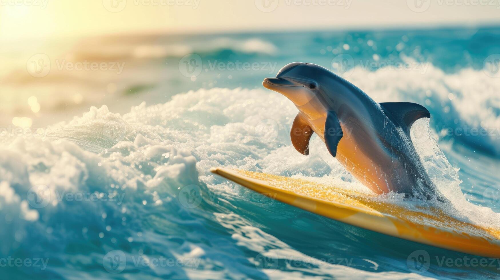 AI generated A cute dolphin surfer enjoys a fun-filled summer day at the beach, riding waves with enthusiasm, Ai Generated. photo