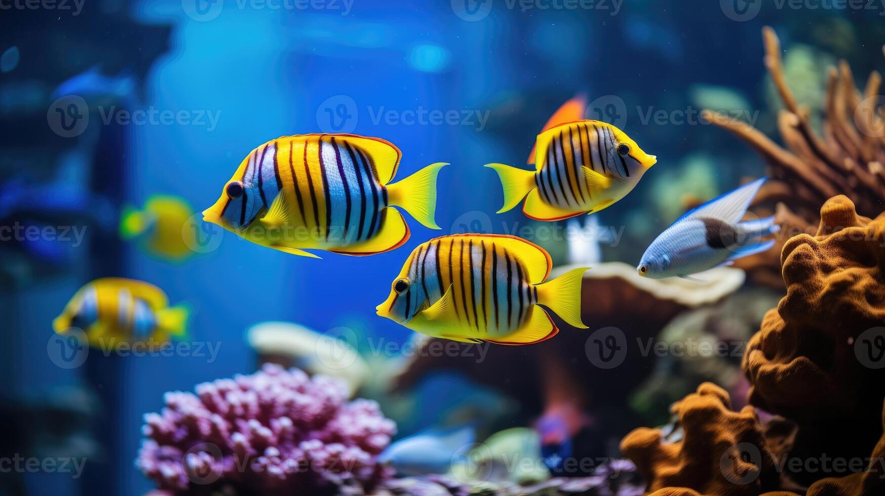 AI generated Tropical fish with vibrant stripes swim in perfect formation as a school, Ai Generated. photo