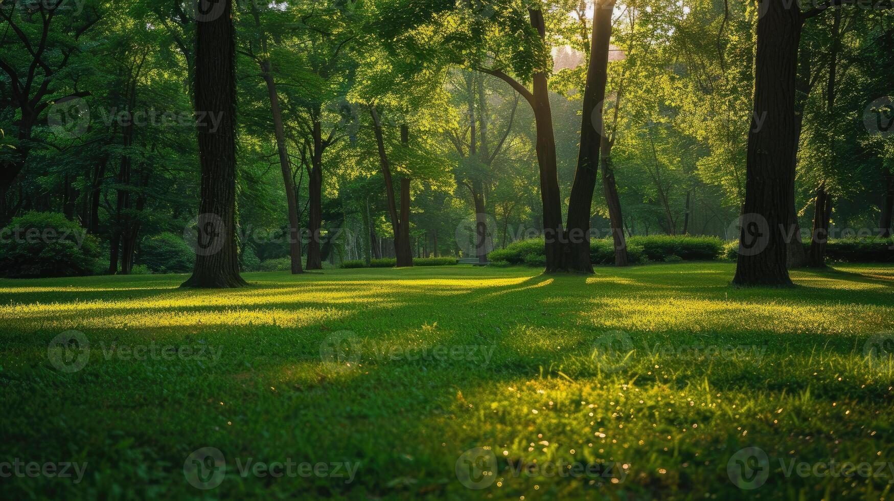 AI generated A green forest park offers enchanting scenery, nature's haven with tranquil beauty, Ai Generated. photo