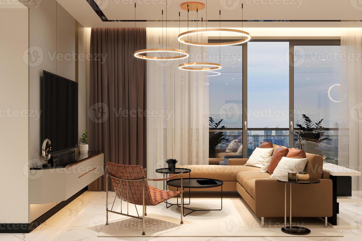 Modern stylish interior of the living room, a room with a brown modular sofa, TV panel, and chandelier. photo