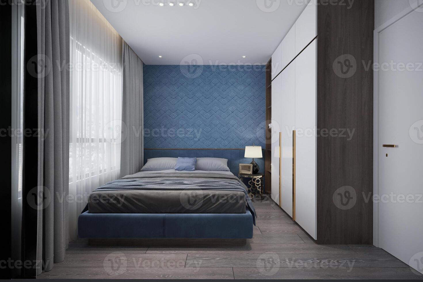 creando un Maestro dormitorio eso es un hermosa azul cama en contra el azul pared textura. foto