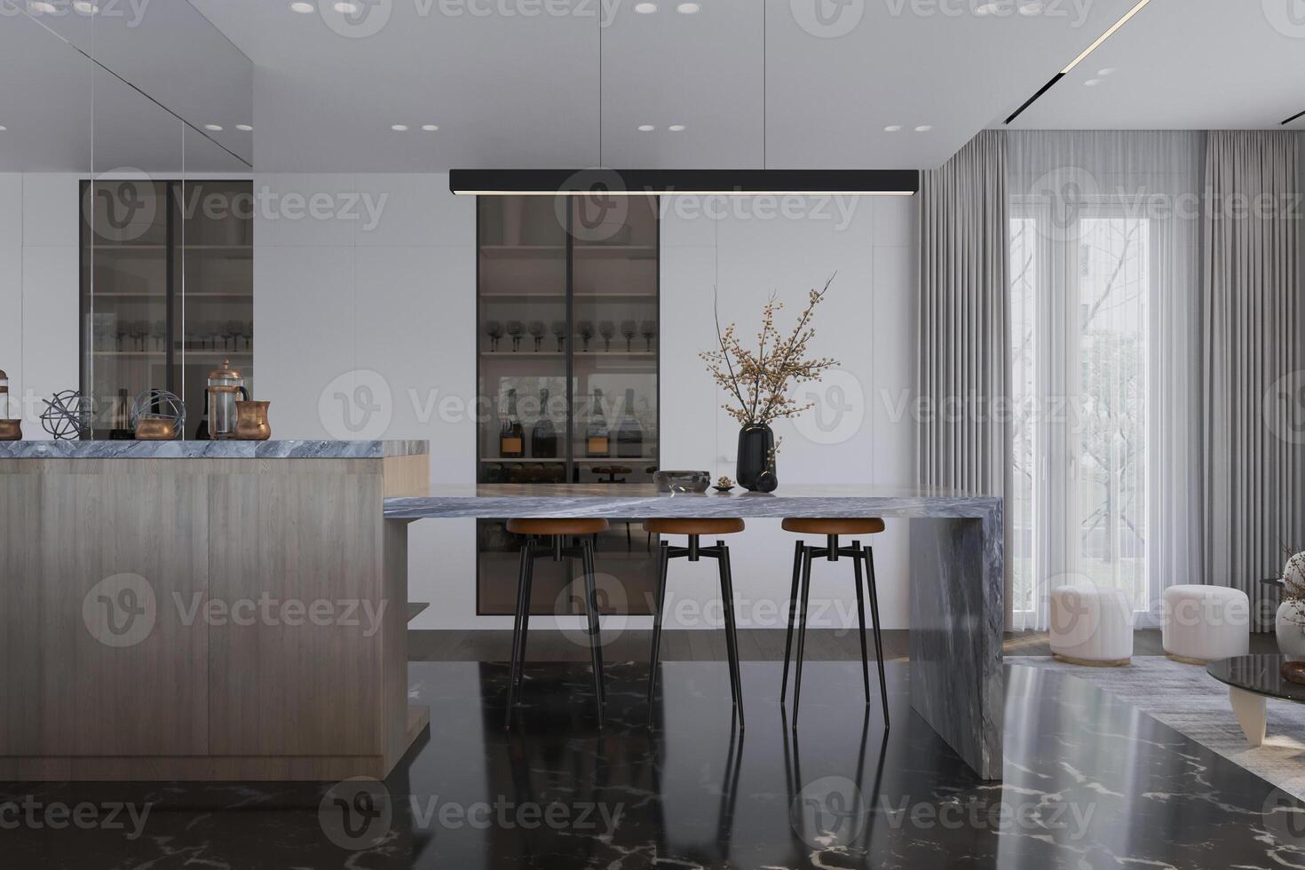 Modern dining room with white furniture, and clean minimalistic interior. Super photo-realistic room. photo