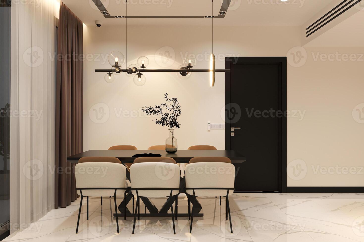 A modern classic minimalist dining room featuring a sleek wooden table, Eames-style chairs photo