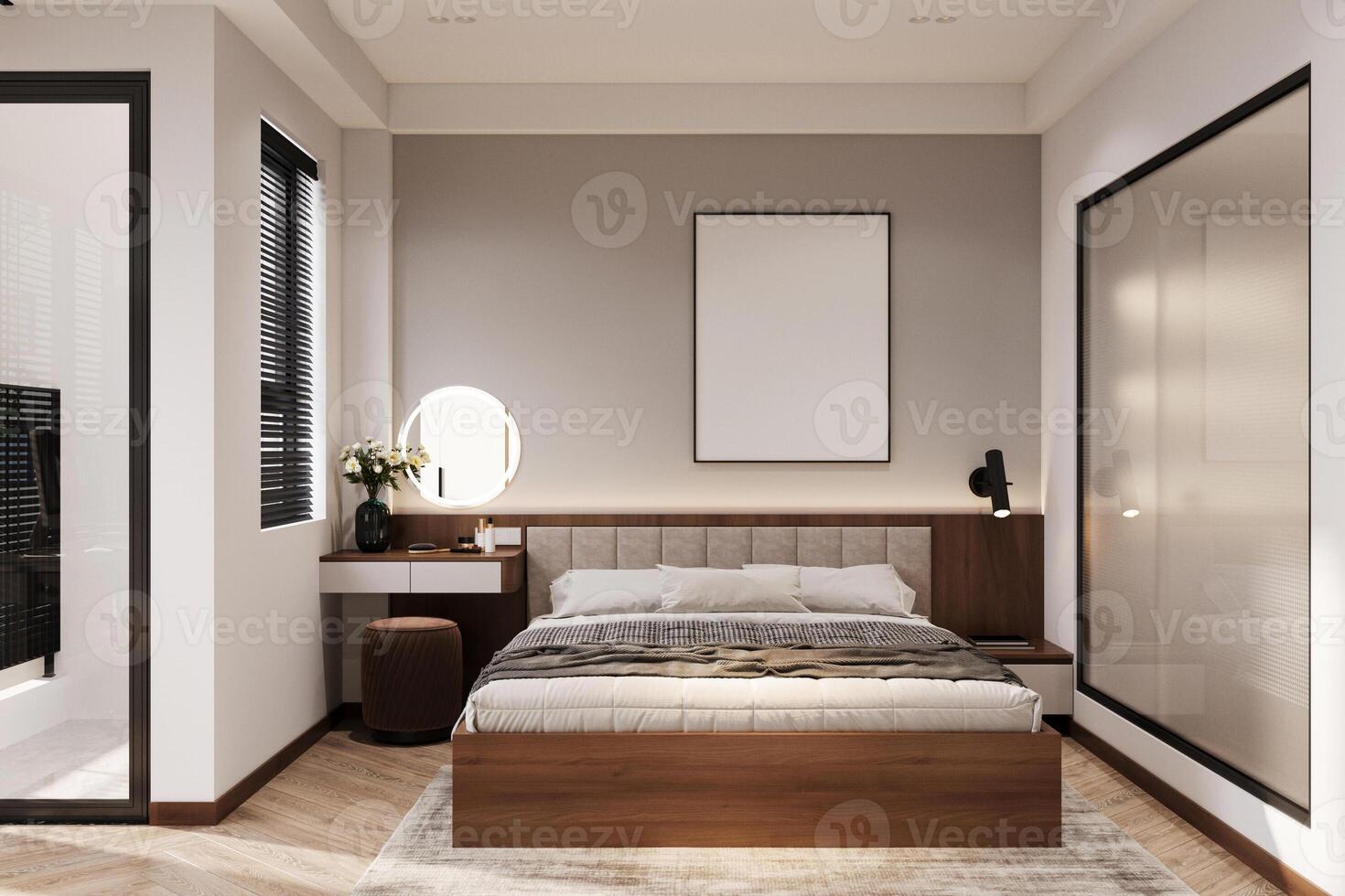 Interior of white and gray cozy bedroom photo