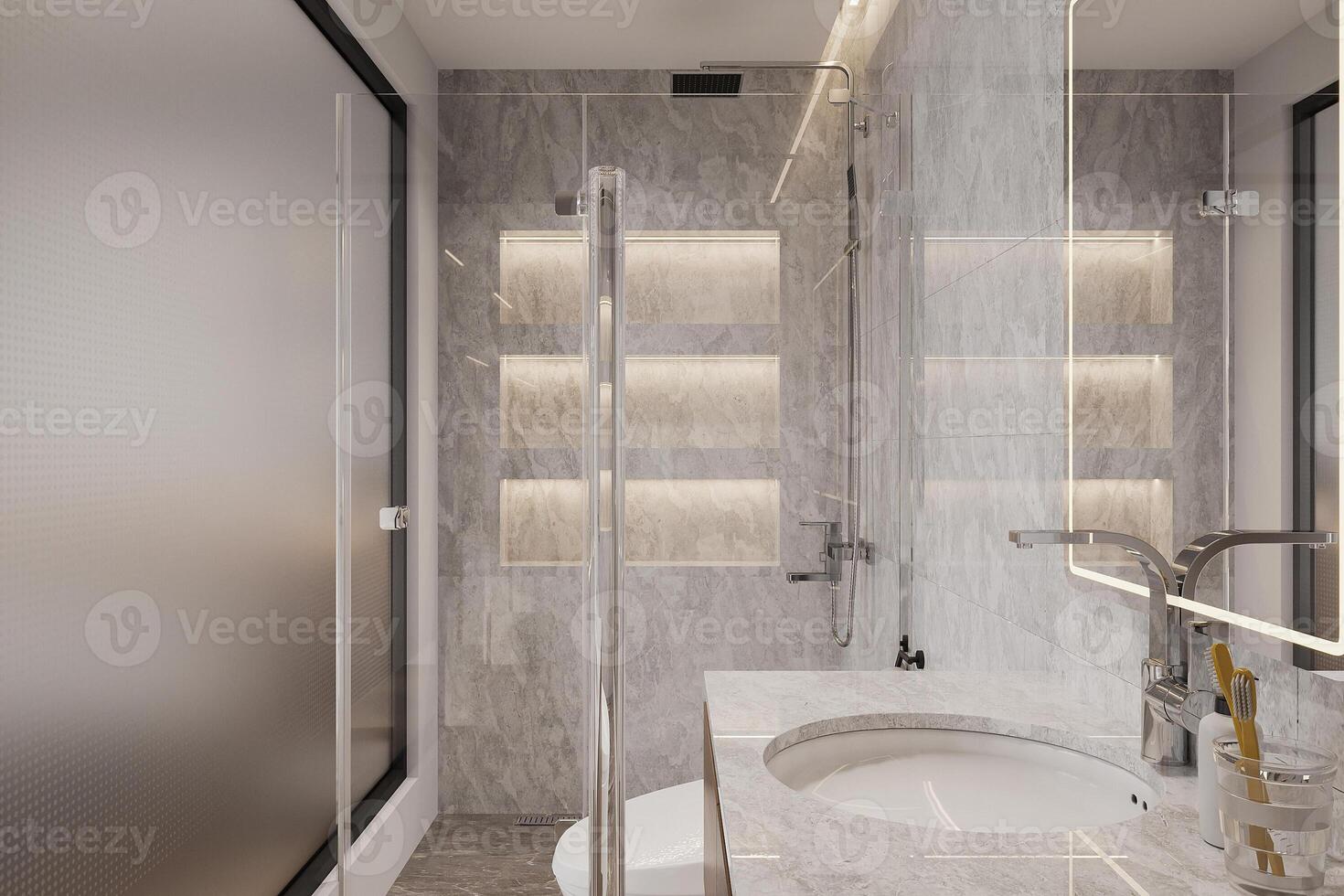 Bathroom with white resin sink on white chest of drawers, mirror hanging on the wall and shower cabin photo