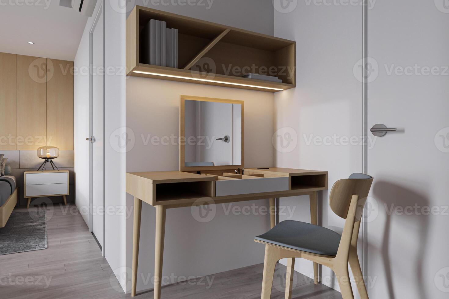 A dressing table with personal cosmetics and a bookcase overhead the table, aspirational bedroom. photo