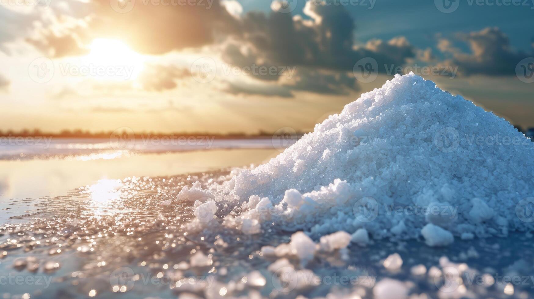 AI generated A sea salt farm featuring a pile of pristine white salt, the raw material for salt industrial use. Ai Generated. photo