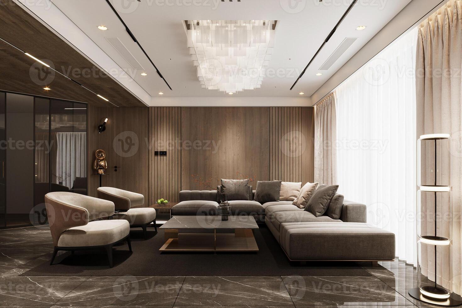 interior de vivo habitación moderno estilo con gris tela sofá, de madera lado mesa, y blanco techo lámpara foto