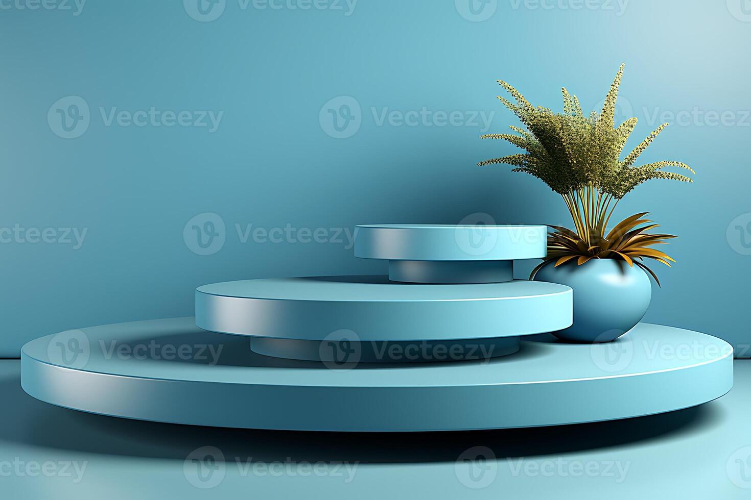 AI generated Blue podium with plant in vase on blue background. 3d render photo