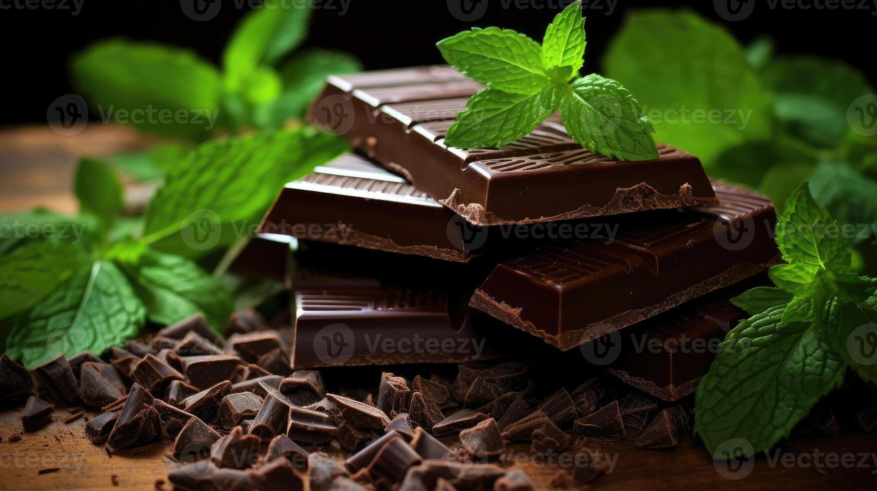 AI generated Indulge in rich dark chocolate with fresh mint, nestled on chocolate shavings. Ai Generated photo