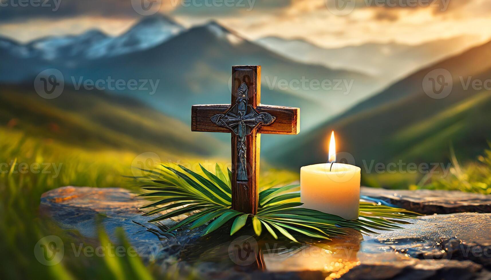 Holy Cross with Palm leaf. Palm Sunday concept photo