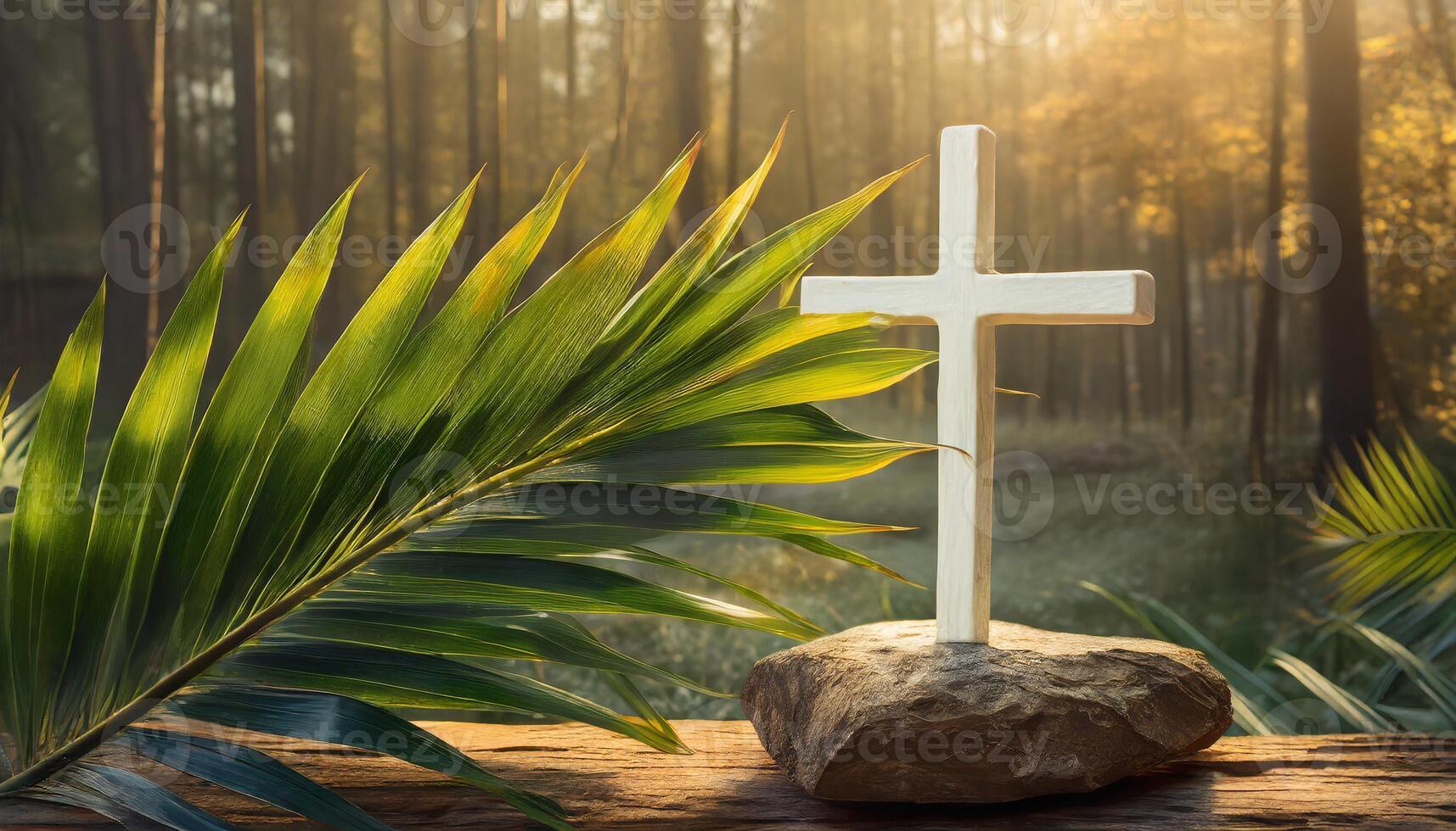 Holy Cross with Palm leaf. Palm Sunday concept photo