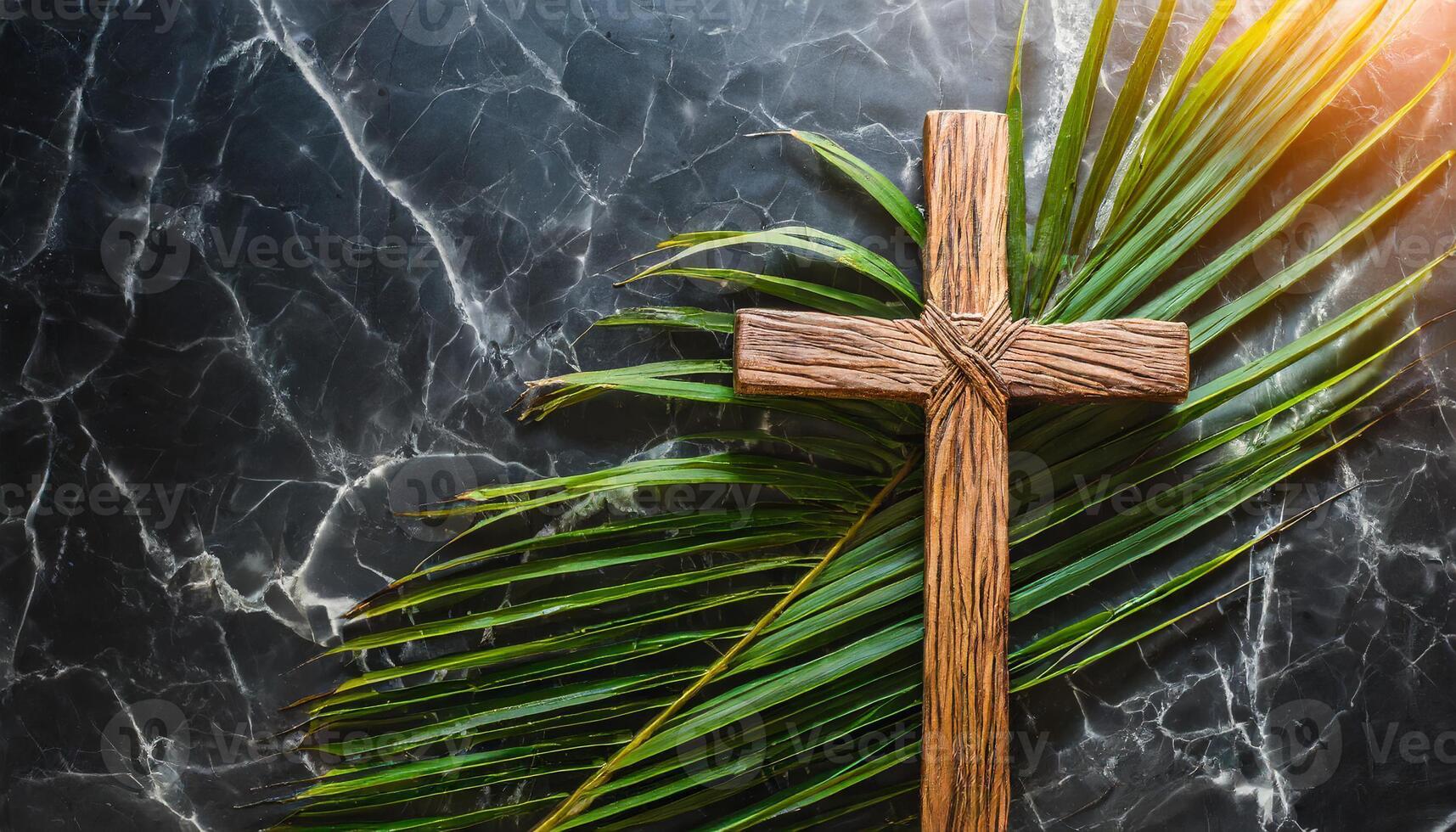 Holy Cross with Palm leaf. Palm Sunday concept photo