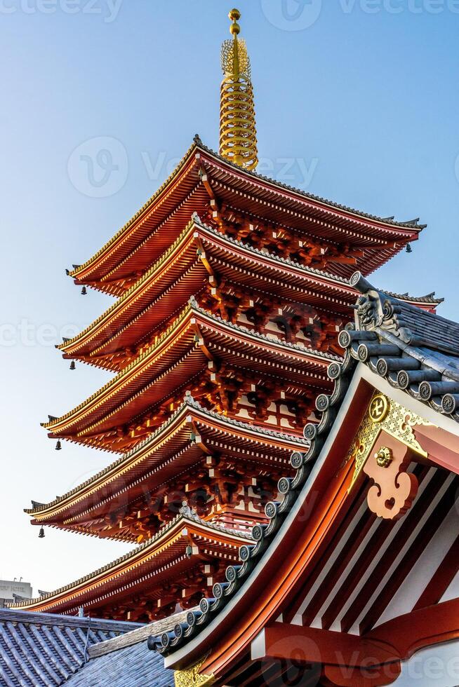 Senso-ji Five-Storied Pagoda during sunset at the Senso-ji temple in Tokyo, Japan. photo