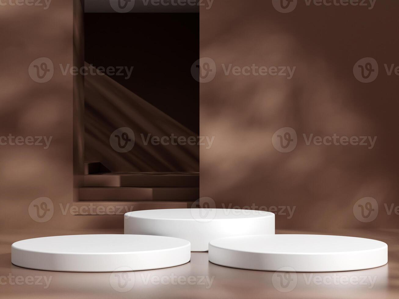 Empty podium or pedestal display on brown background with cylinder stand concept. Blank product shelf standing backdrop photo