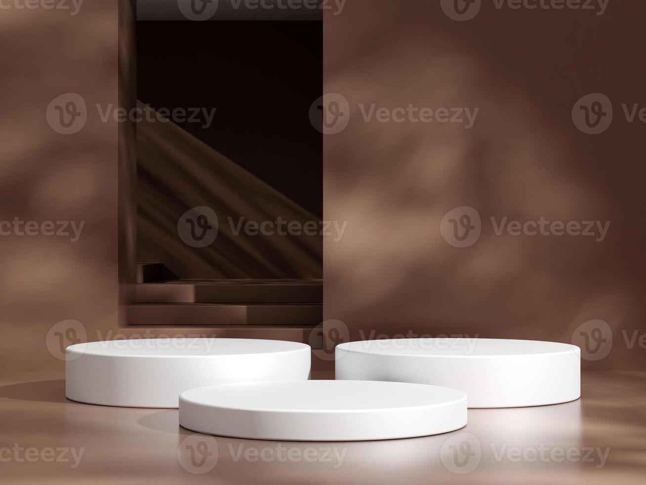 Empty podium or pedestal display on brown background with cylinder stand concept. Blank product shelf standing backdrop photo