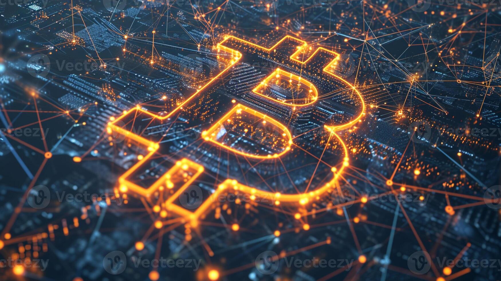 AI generated Bitcoin hologram on circuit board. Cryptocurrency concept. 3D illustration. photo