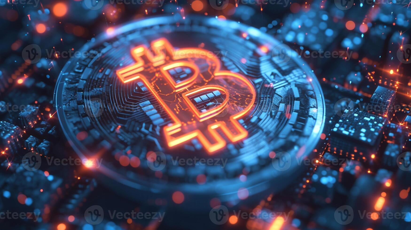 AI generated Bitcoin hologram on circuit board. Cryptocurrency concept. 3D illustration. photo