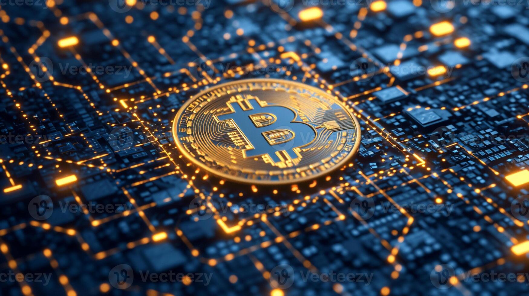 AI generated Bitcoin hologram on circuit board. Cryptocurrency concept. 3D illustration. photo