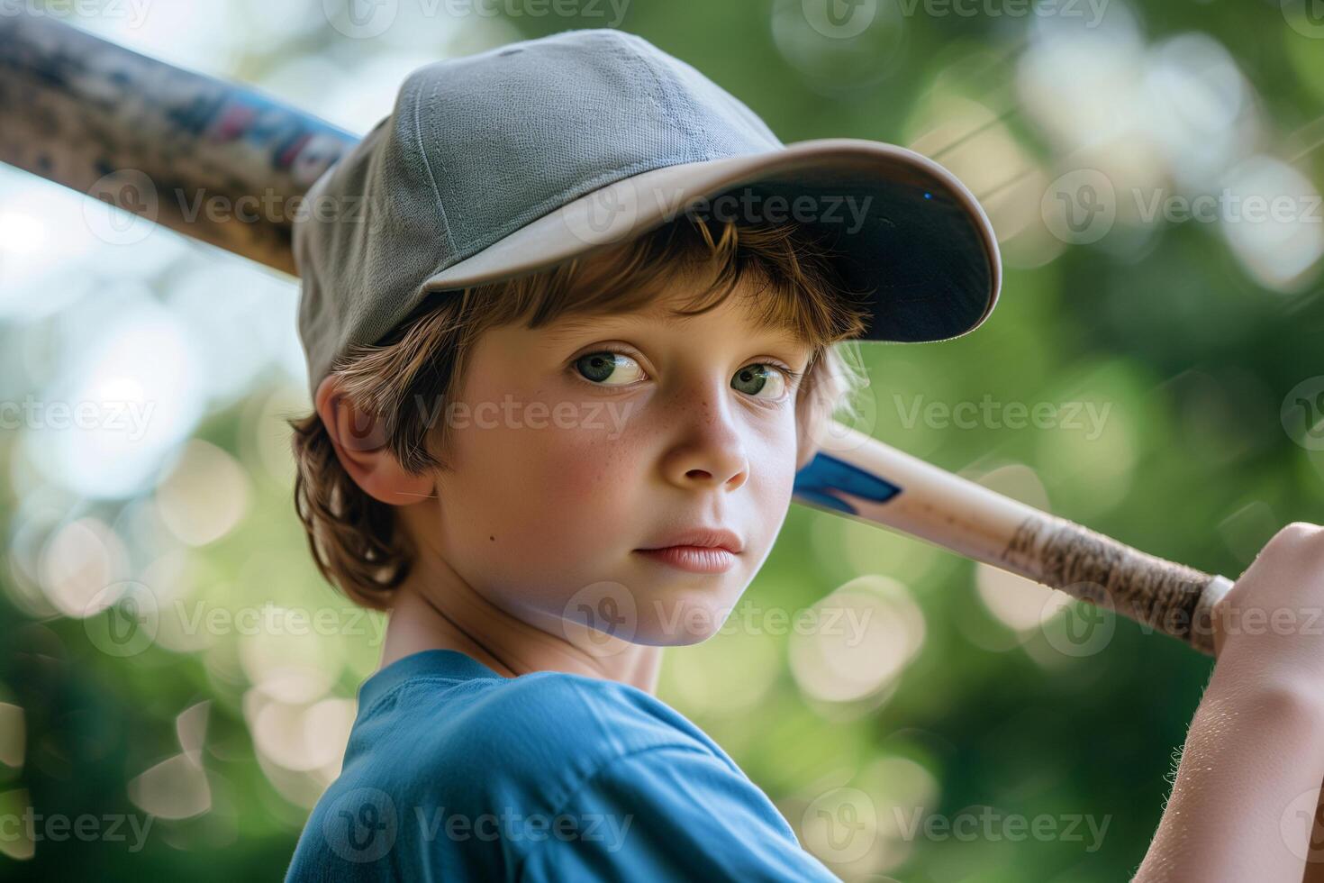 AI generated close up child wearing baseball cap and holding baseball bat in park, a boy playing baseball outdoor photo
