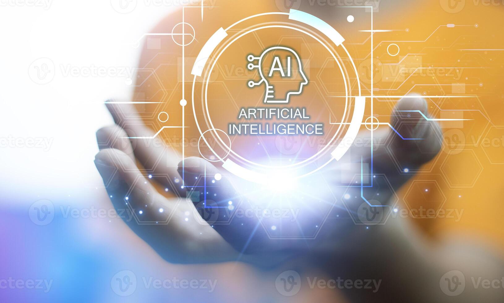 Ai tech, businessman show virtual graphic Global Internet connect Chatgpt Chat with AI, Artificial Intelligence. using command prompt for generates something, Futuristic technology transformation. photo