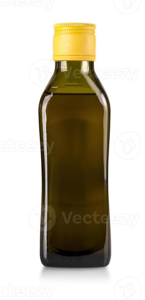 Olive oil bottle with yellow cap isolated on white background photo