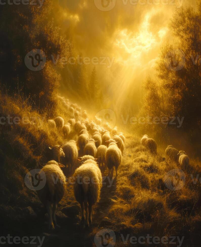 AI generated Sheep walking through the golden fields in the light of the sunset photo