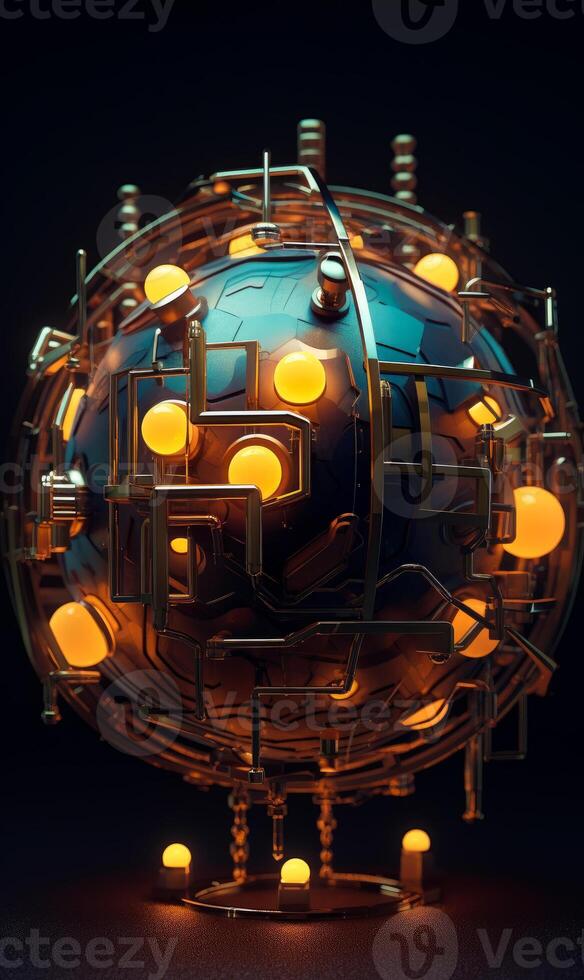 AI generated Futuristic globe with network of gold pipes and luminous nodes photo