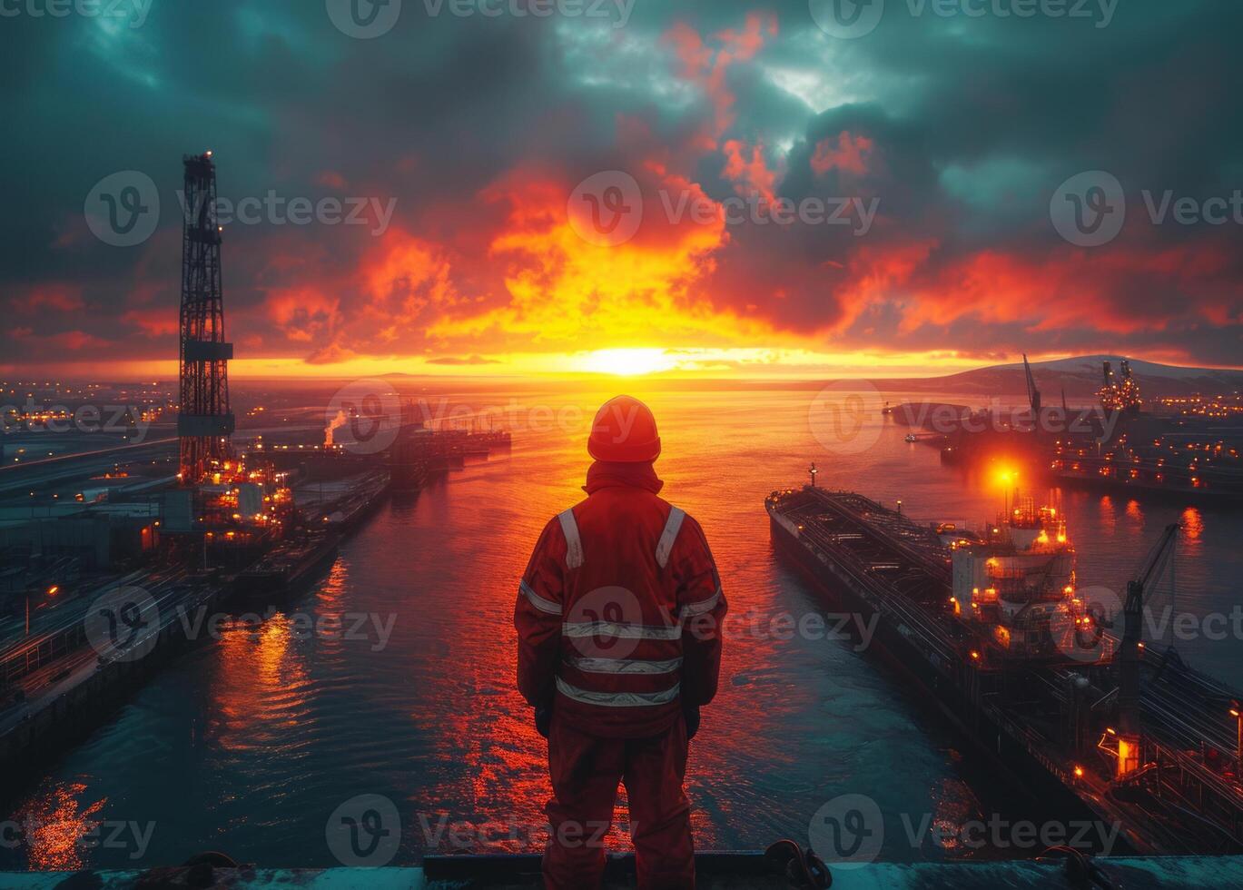 AI generated Man is standing on pier at sunset looking at the cargo ship and the oil platform. photo
