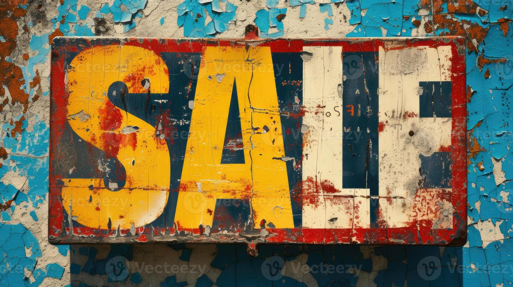 AI generated Eye-catching sale sign painted in bright hues contrasts against gritty grungy backdrop, Ai Generated. photo